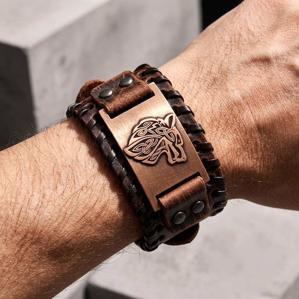 Bracelet cuir homme viking marron porté au poignet, plaque cuivrée