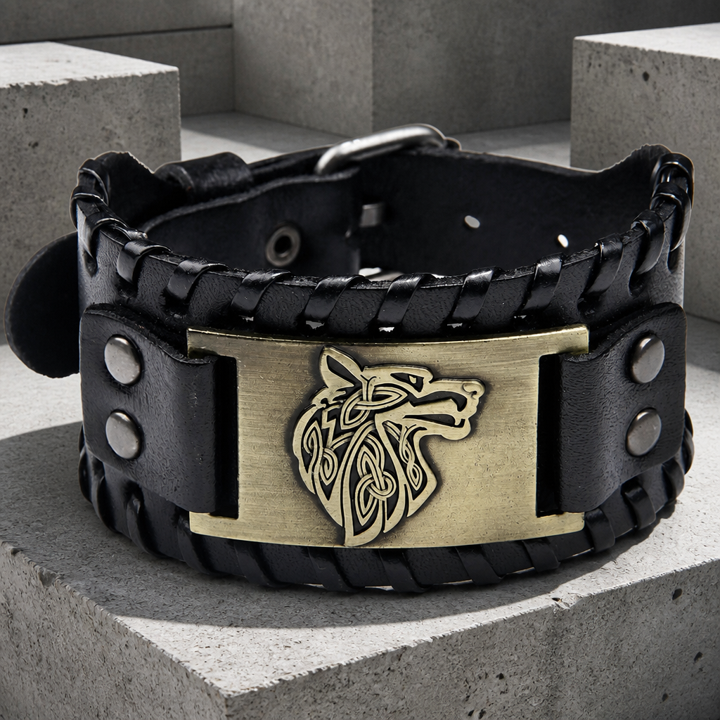 Bracelet cuir homme viking en cuir noir, plaque bronze à tête de loup en entrelacs