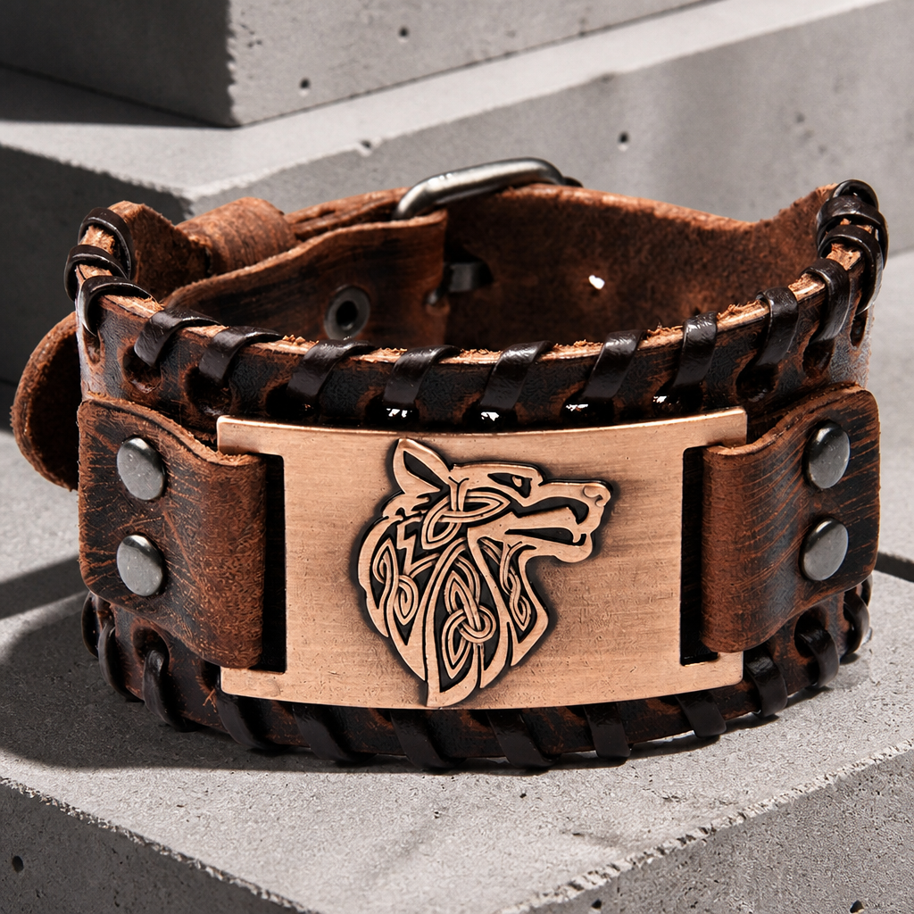 Bracelet cuir homme viking large en cuir de vachette marron, plaque cuivrée à tête de loup