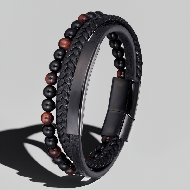 Bracelet noir homme en cuir et perles d'œil de taureau, plaque en acier noir