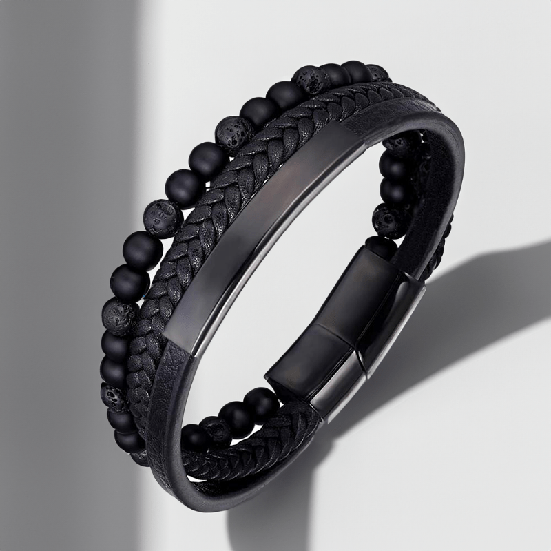 Bracelet noir homme en cuir et perles de pierre de lave, plaque en acier noir