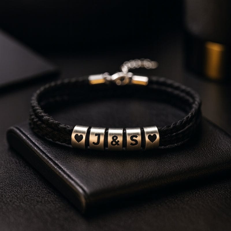 Bracelet cuir tressé noir personnalisé homme 5 plaques gravées initiales J&S acier inoxydable LBDH