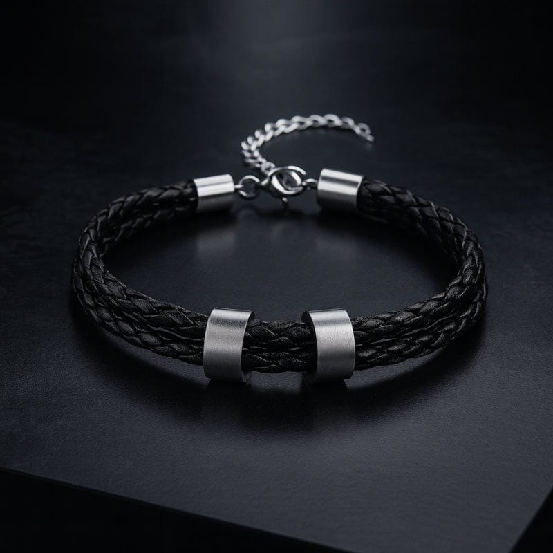 Bracelet cuir noir tressé homme personnalisable 2 plaques gravées acier inoxydable chaînette LBDH