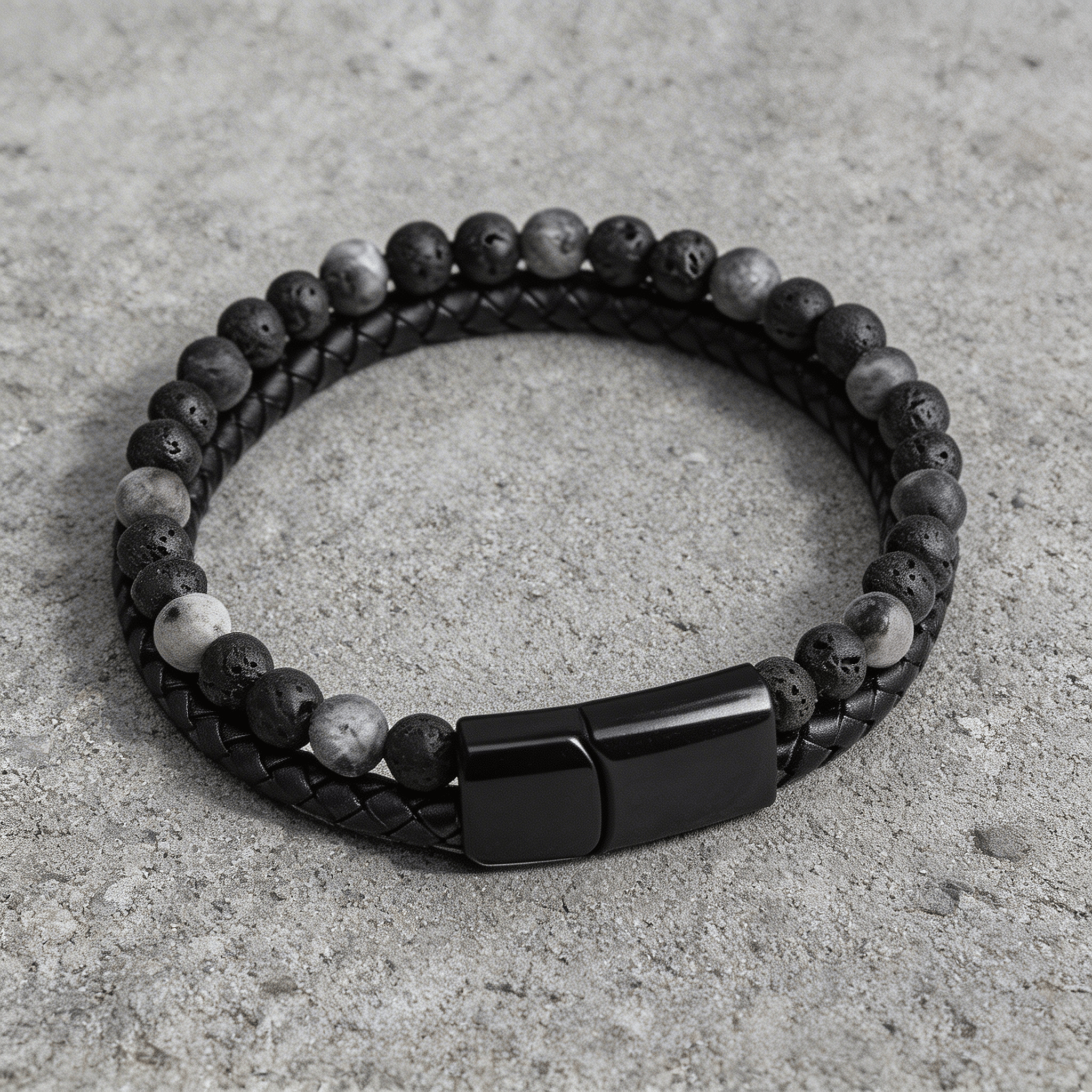 bracelet pour homme en cuir et perle en pierre naturelle de lave