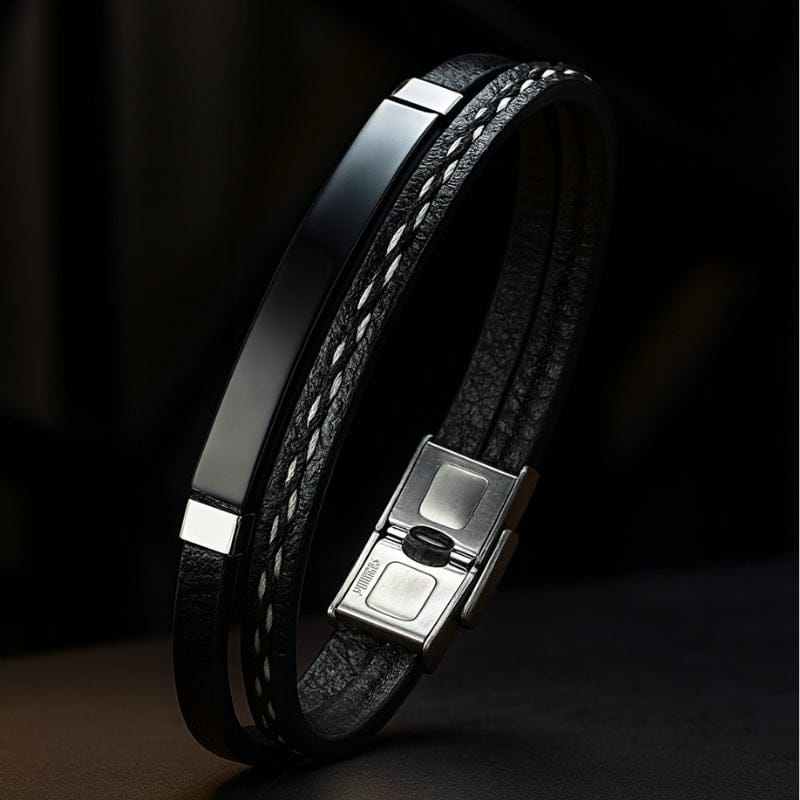 Bracelet cuir tressé acier personnalisable homme noir fermoir magnétique qualité LBDH