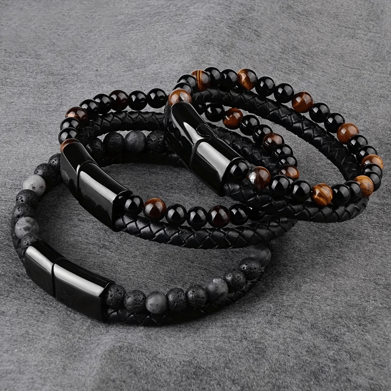 Les trois variantes du bracelet homme perles et cuir tressé, œil de tigre, œil de taureau et pierre de lave