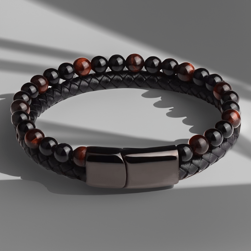 Bracelet homme perles d'œil de taureau et cuir tressé noir, fermoir noir