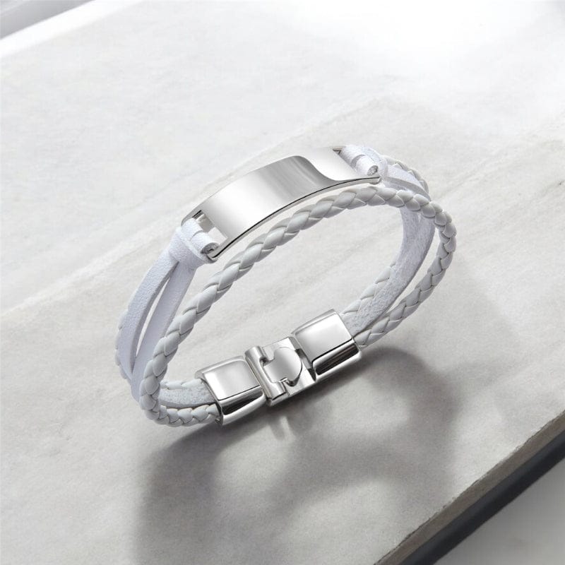 bracelet cuir tressé homme blanc personnalisé plaque gravable