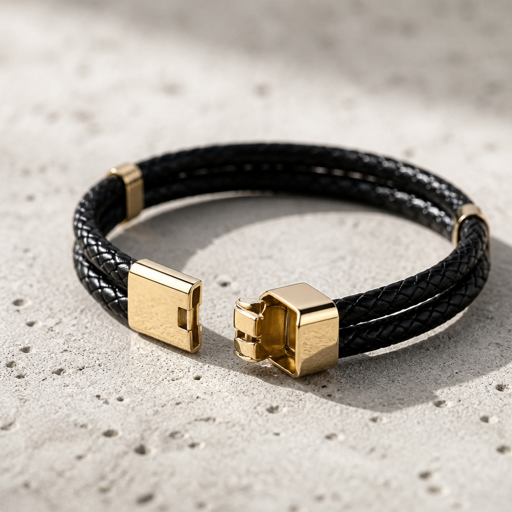 Clip de fermeture en acier doré ouvert sur le bracelet homme fin en cuir tressé