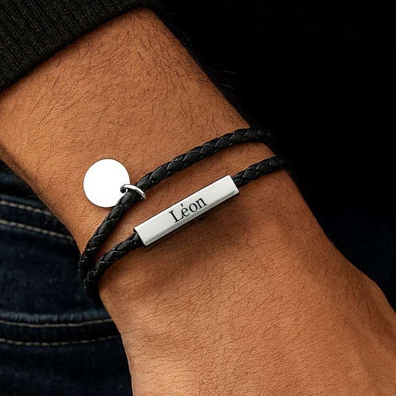 Bracelet personnalisé homme cuir tressé double tour gravure prénom