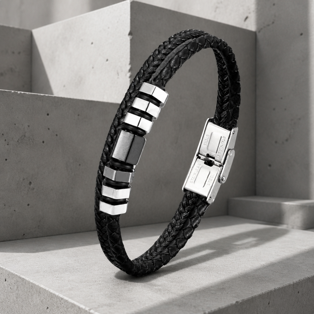 Bracelet homme fin en cuir tressé noir, tubes et clip en acier argent