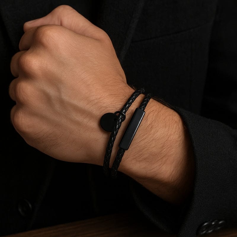 Bracelet cuir tressé homme personnalisable double tour noir