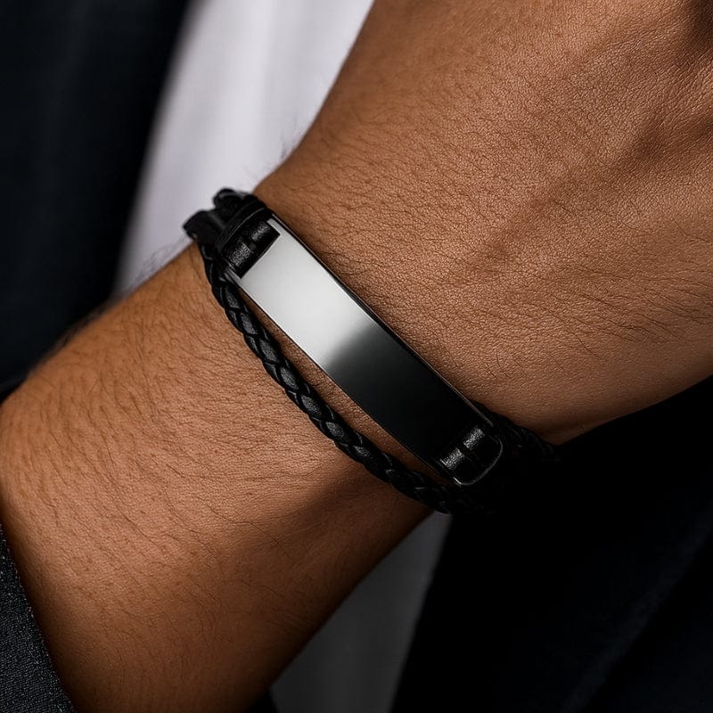 Bracelet cuir tressé noir homme personnalisé fermoir magnétique
