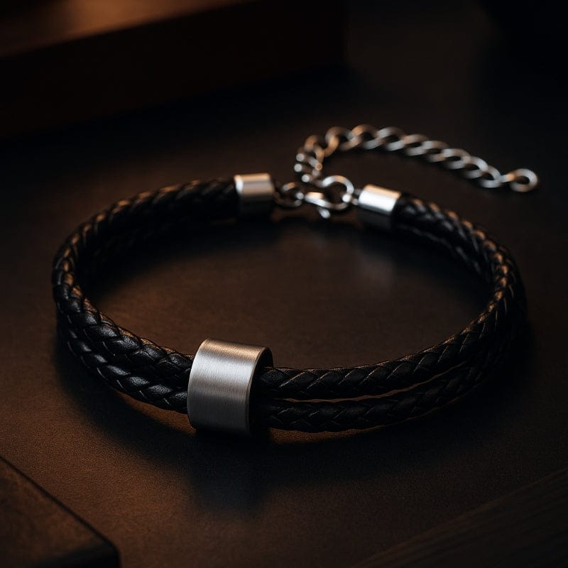 Détail d'une bague d'acier brossé coulissant sur le cordon en cuir tressé