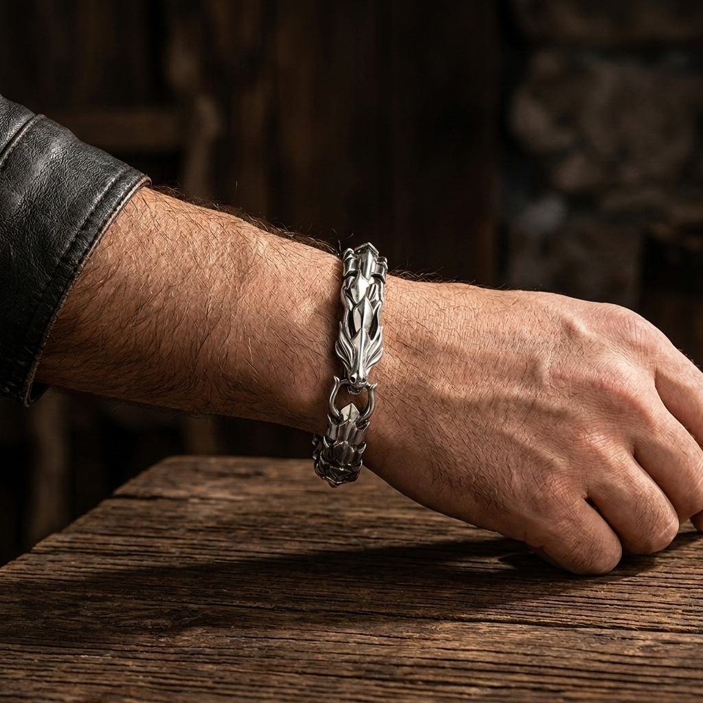 Des Finitions Exemplaires - Bracelet Dragon Homme en Acier, Tête Sculptée Viking