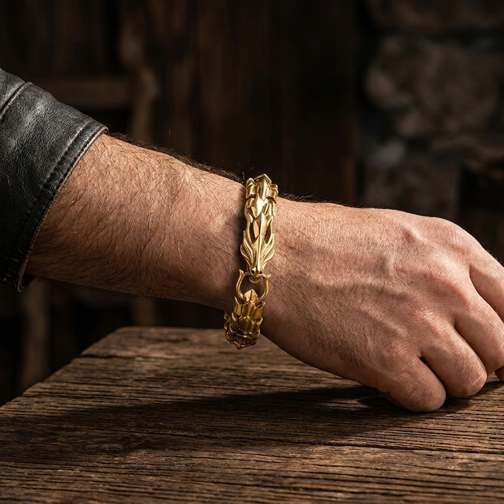 Bracelet dragon homme en acier doré porté au poignet