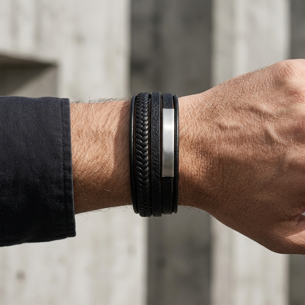 Bracelet homme tendance en cuir porté au poignet, plaque acier argent