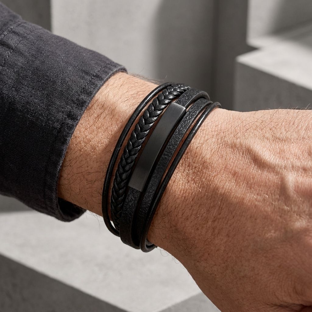 Bracelet homme tendance en cuir porté au poignet, plaque acier noir
