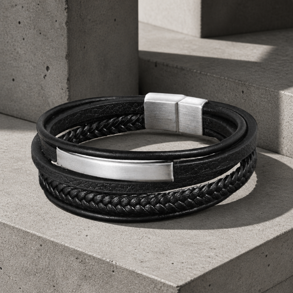 Bracelet homme tendance en cuir noir multi rangs, plaque et fermoir en acier argent