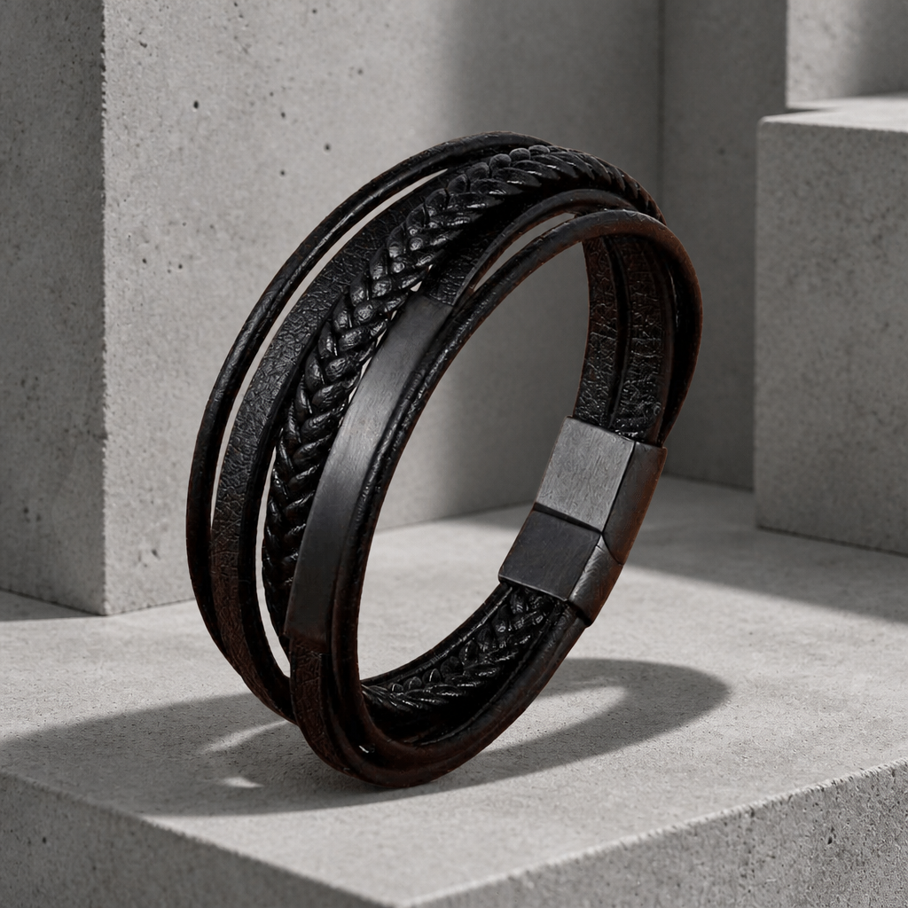 Bracelet homme tendance en cuir noir avec plaque et fermoir en acier noir