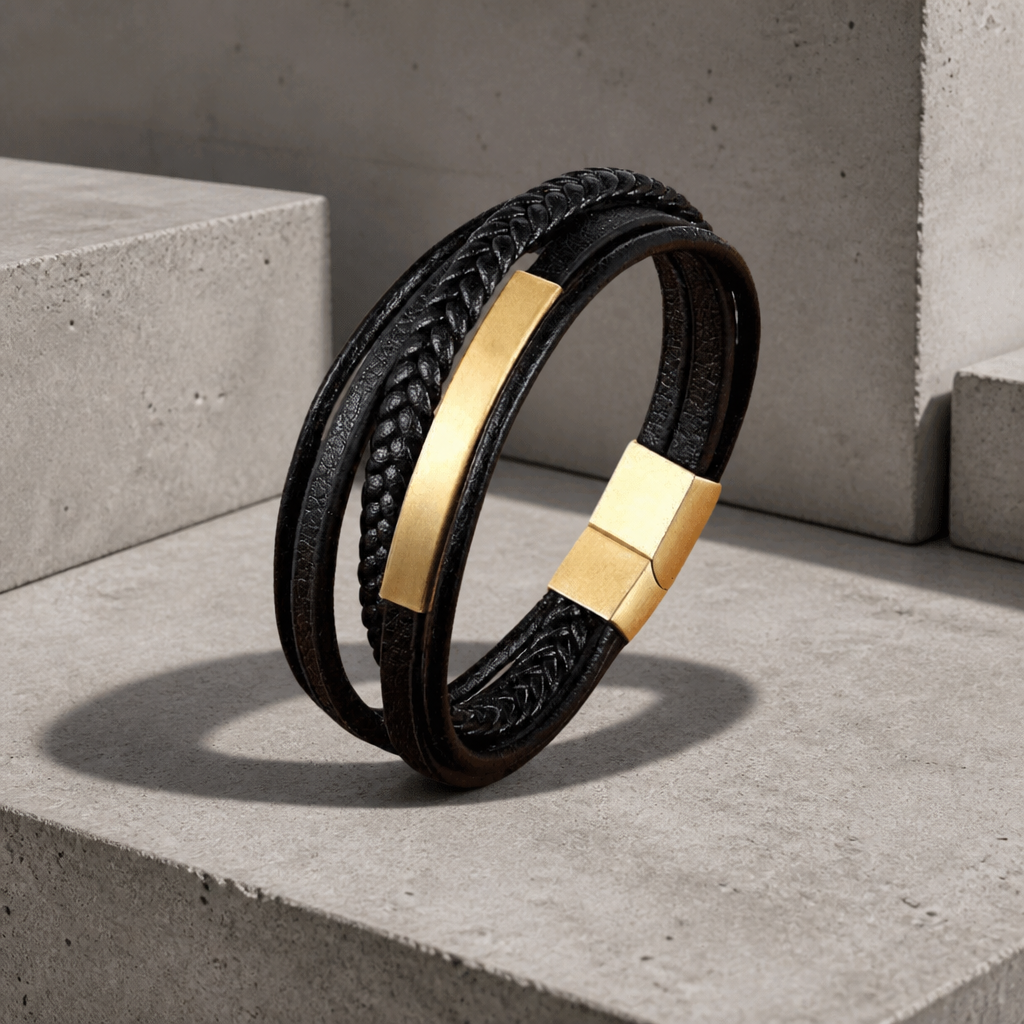 Bracelet homme tendance en cuir noir avec plaque et fermoir en acier doré