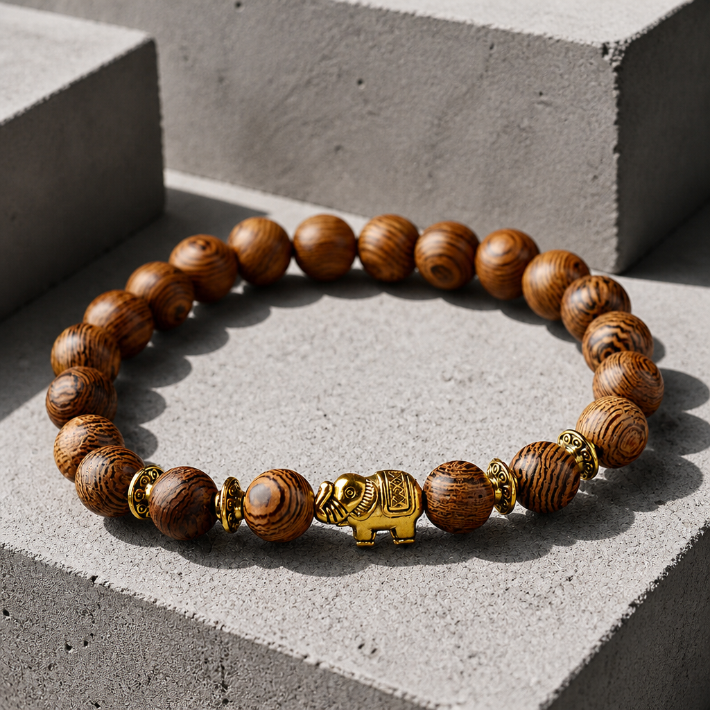 Bracelet de perles de bois vu de trois quarts, éléphant doré et rondelles ciselées