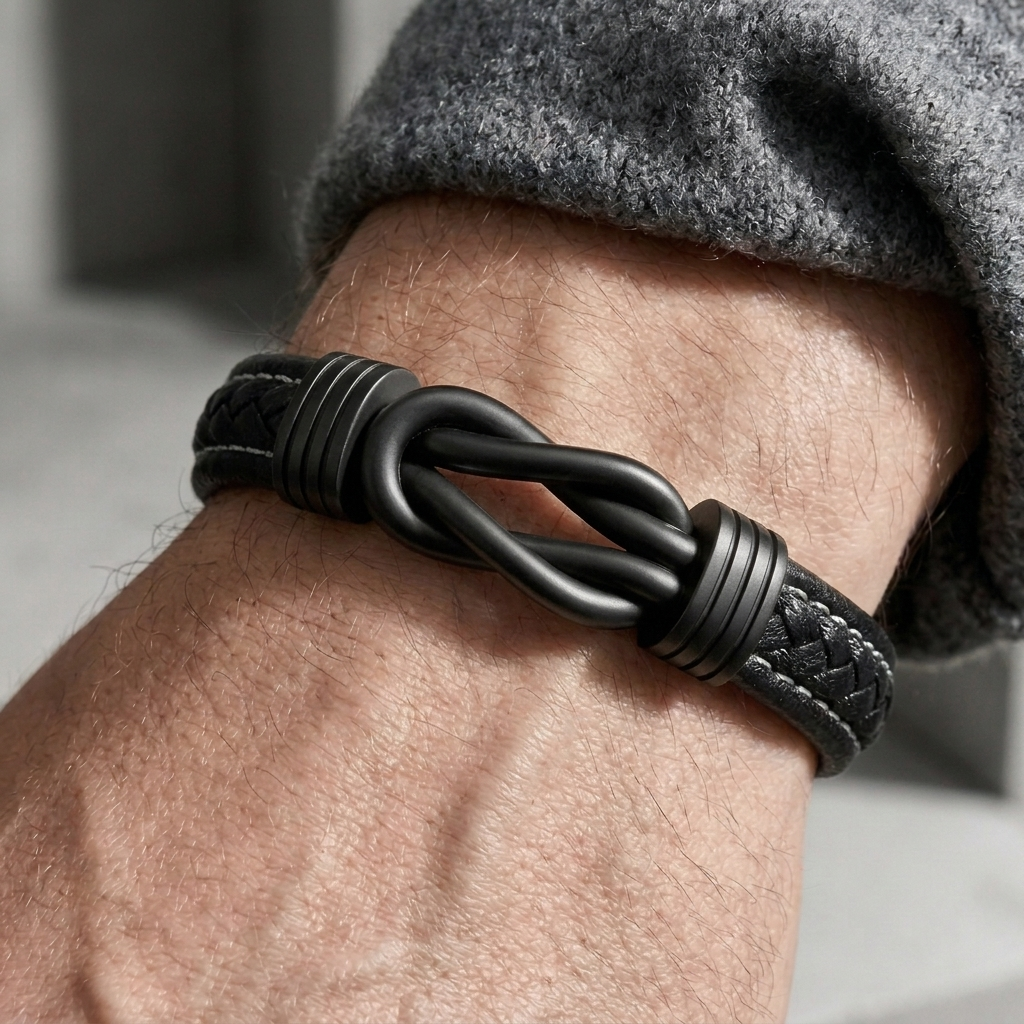Bracelet cuir tressé à nœud infini noir porté au poignet d'un homme