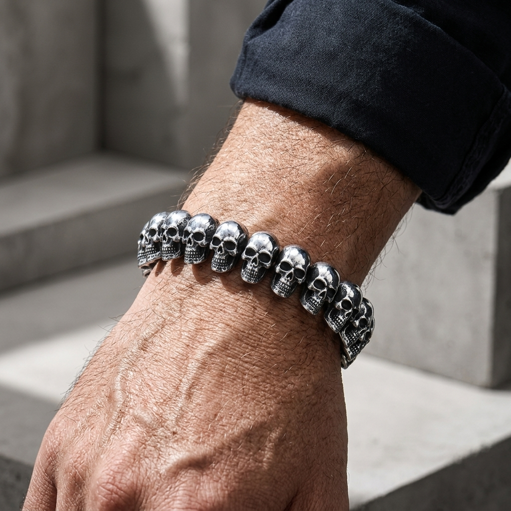Bracelet gothique homme porté au poignet d'un homme, manche de chemise remontée