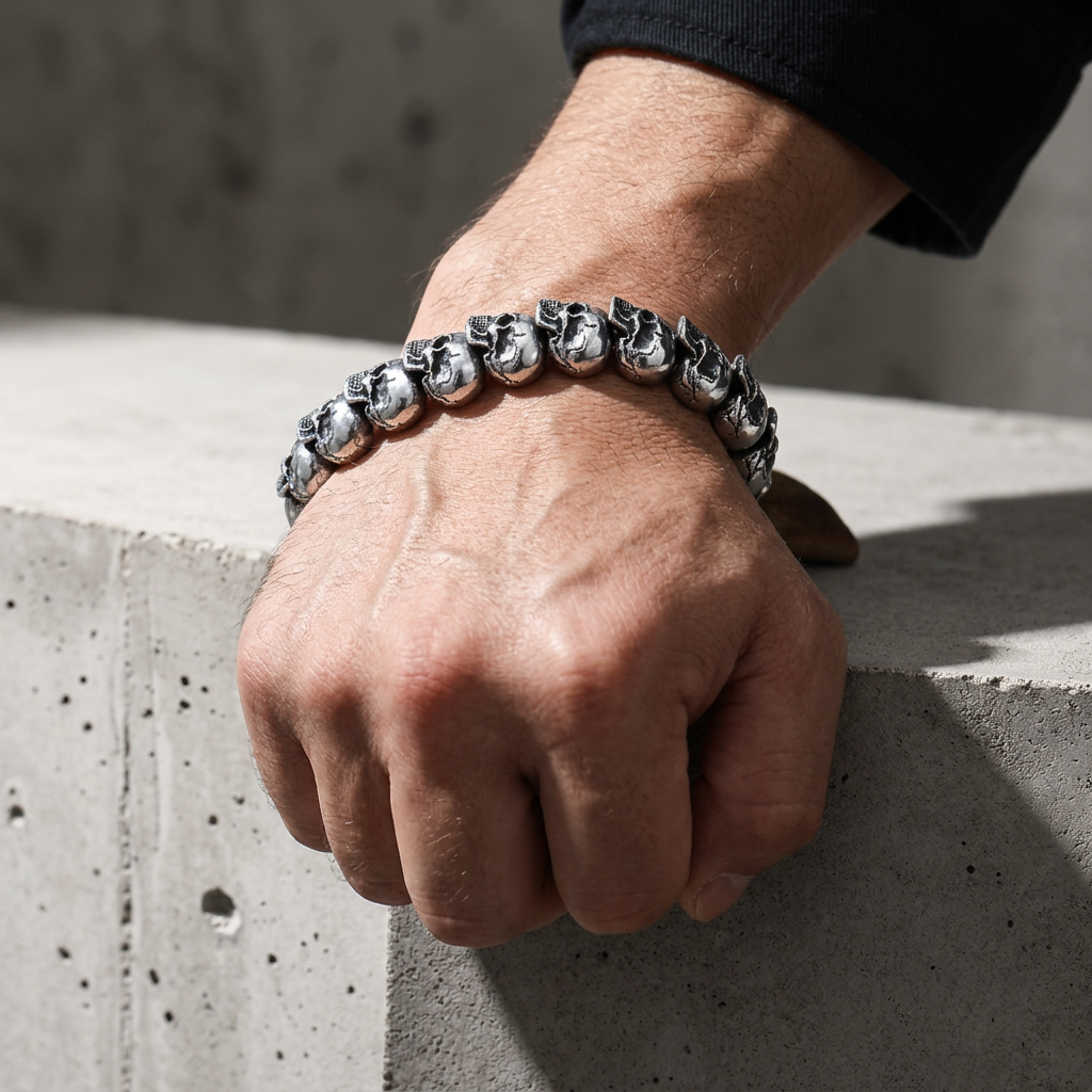 Bracelet gothique homme porté, poing posé sur un rebord de béton