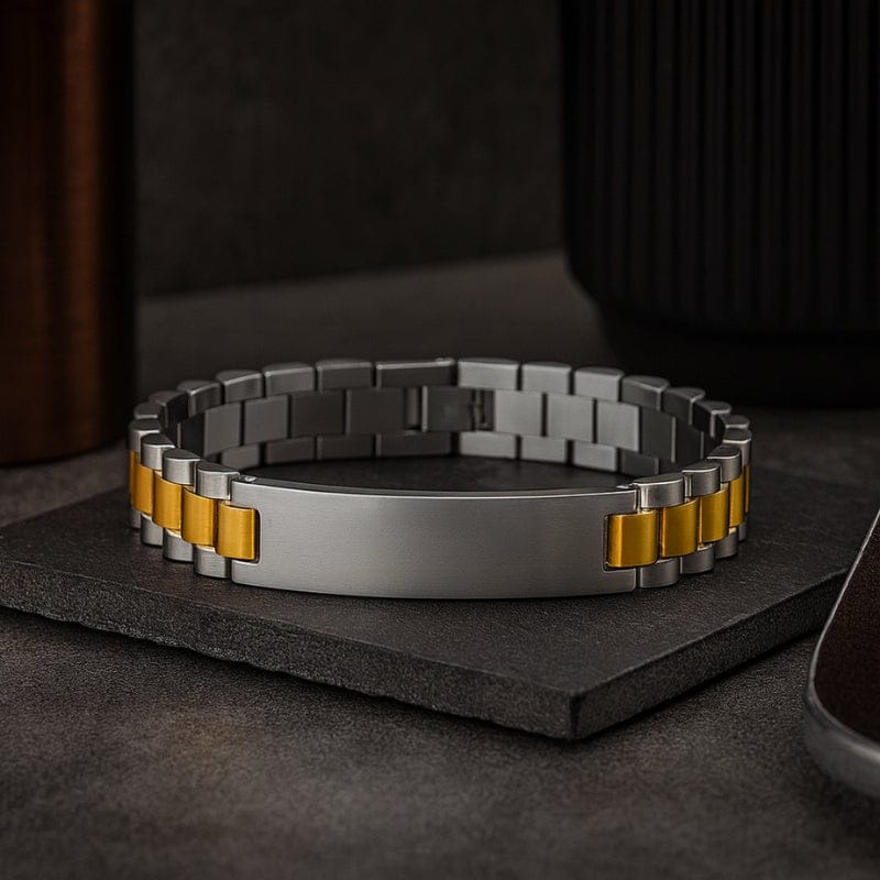 Bracelet acier homme personnalisé large plaque gravable argent et or LBDH