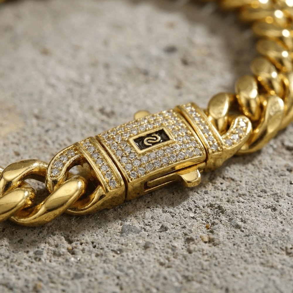 Bracelet gourmette homme or fermoir zircons acier inoxydable