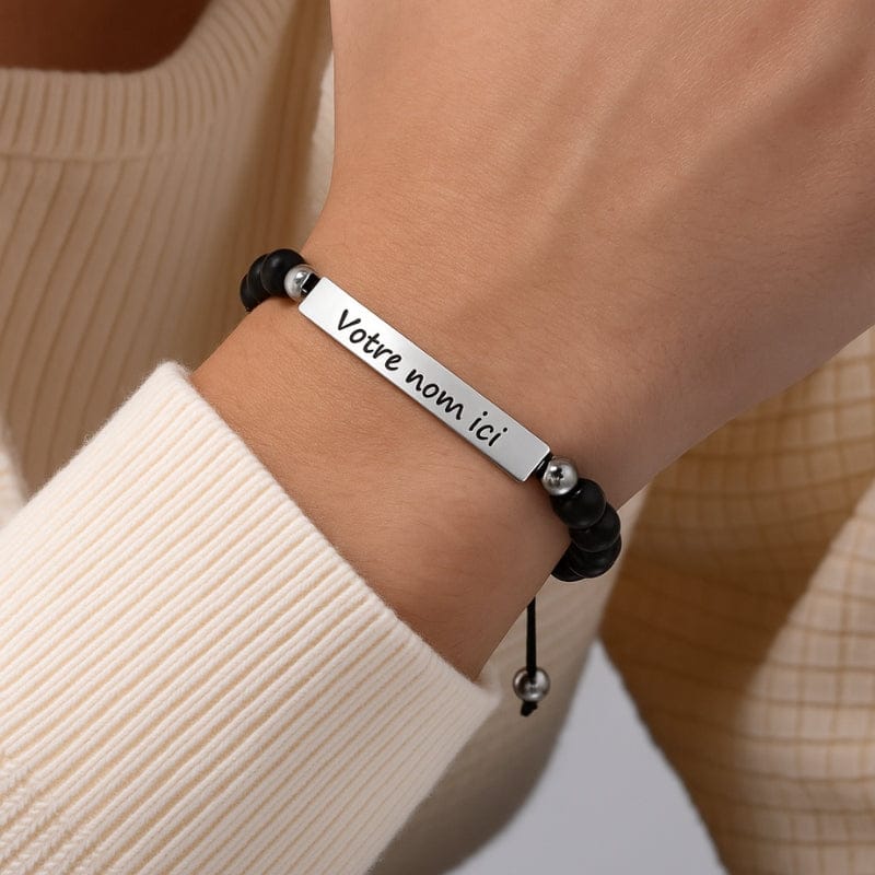 Bracelet hématite homme personnalisé gravure laser plaque acier