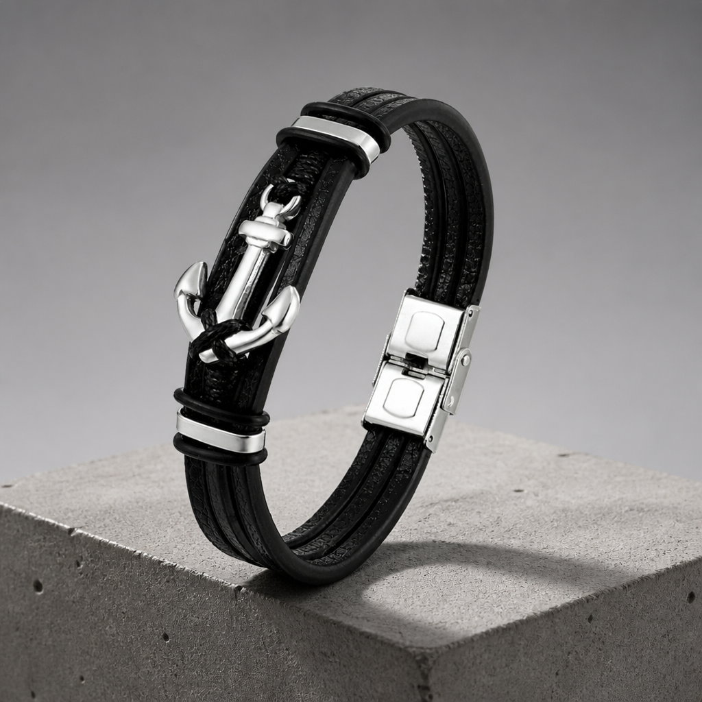 Bracelet homme ancre marine en cuir noir, ancre et fermoir en acier argent