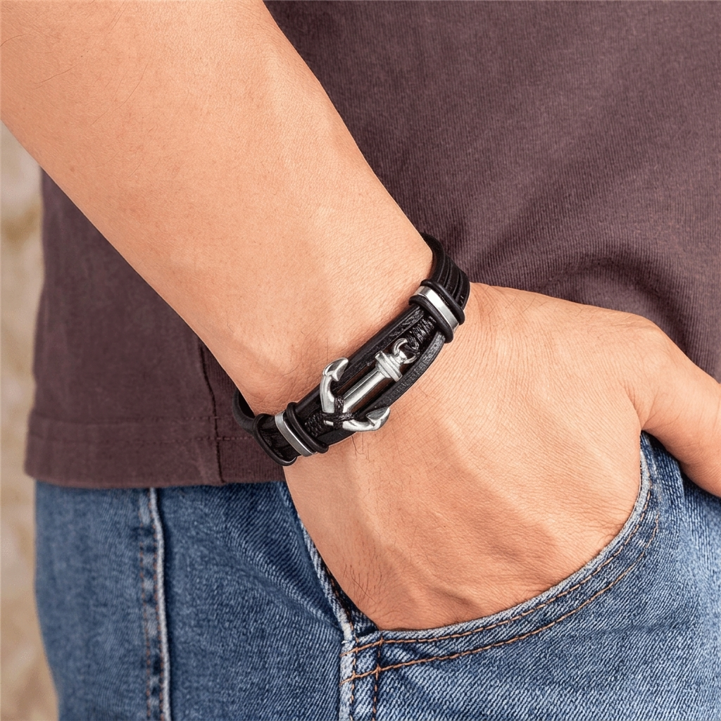 Des Finitions Exemplaires - Bracelet Homme Ancre Marine en Cuir, Trois Rangs