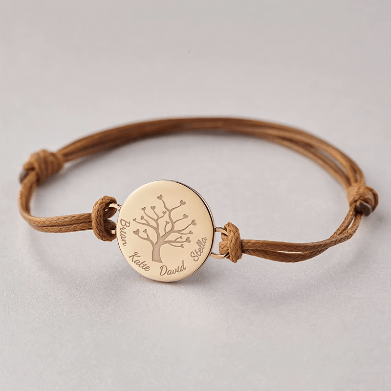 Bracelet homme arbre de vie, cordon marron et médaillon or rose gravé