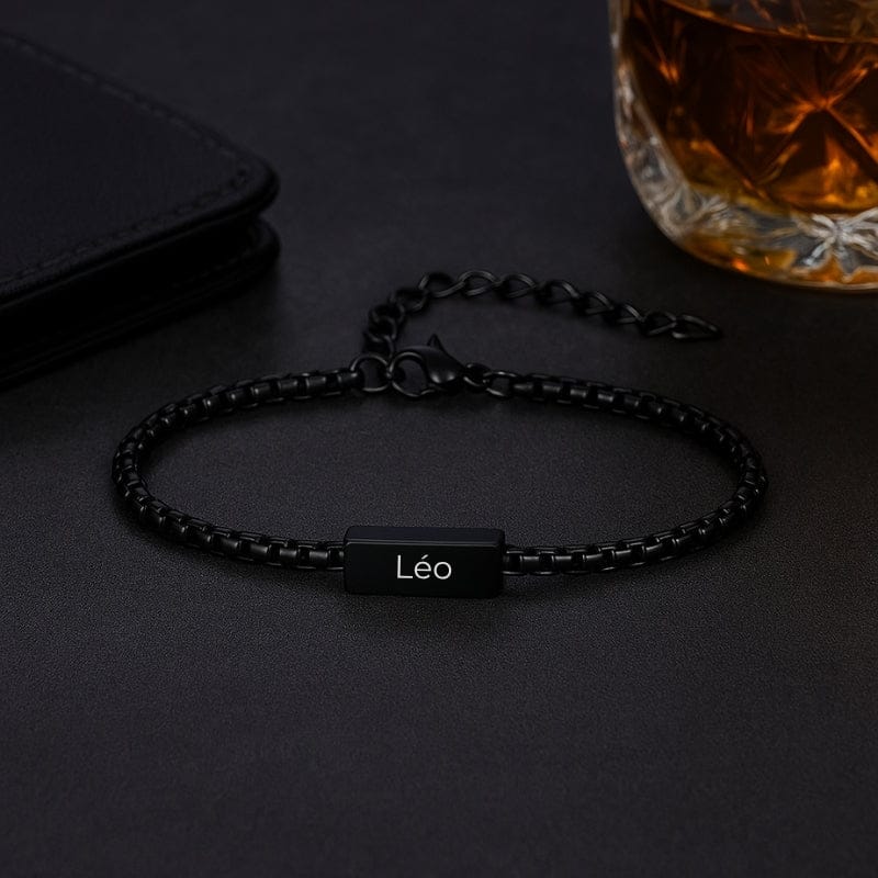 Bracelet homme chaîne fine noire, plaque gravée d'un prénom