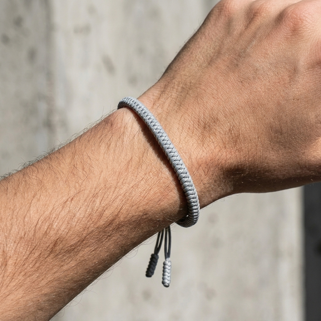 Bracelet homme cordelette gris clair porté au poignet