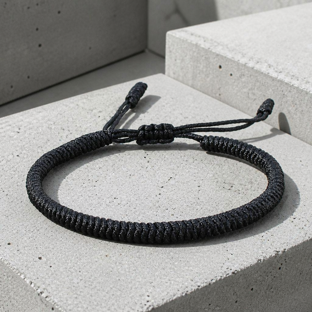 Bracelet homme cordelette tressée main noire posée sur un bloc de béton