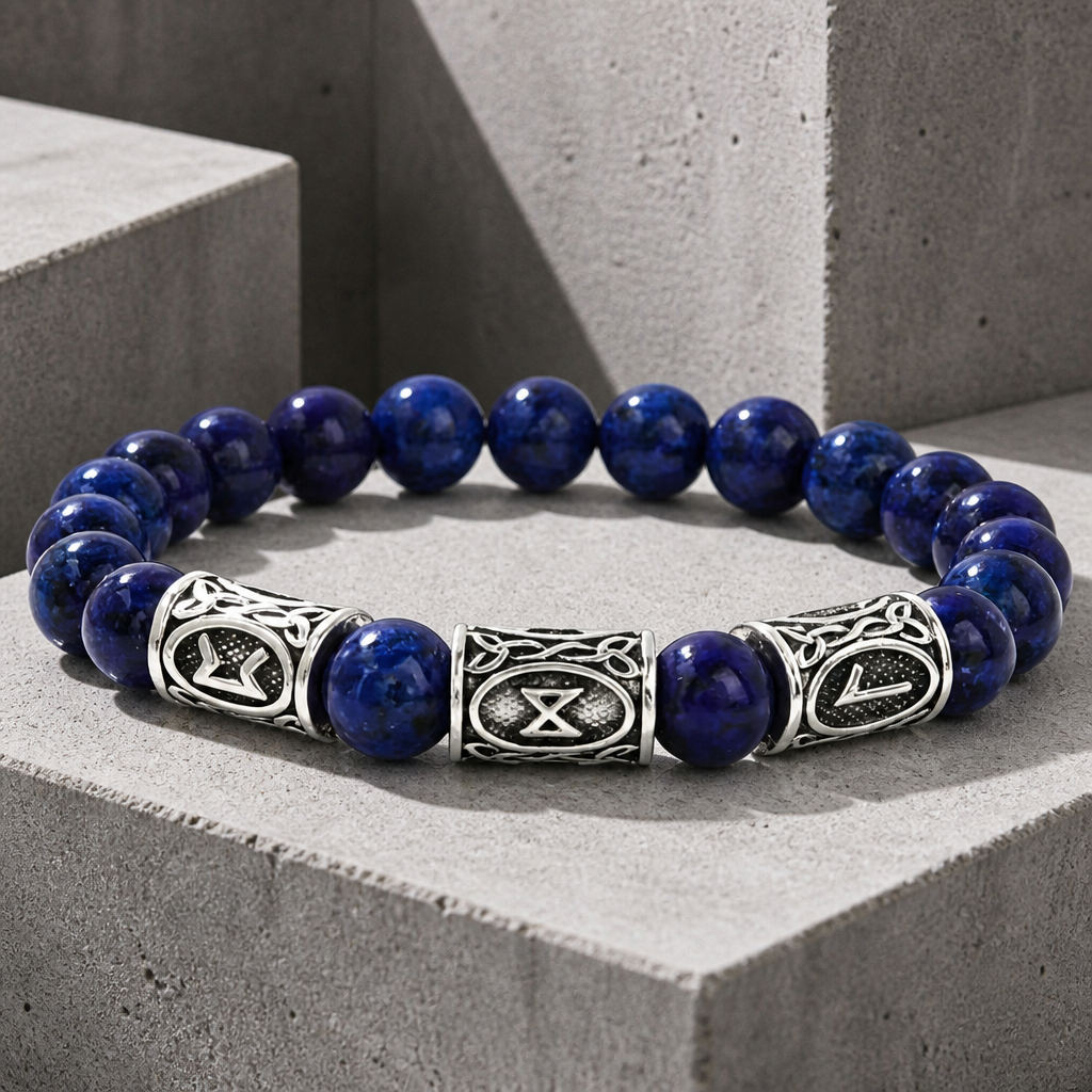 Coloris bleu profond du bracelet à perles, cylindres gravés au centre du rang