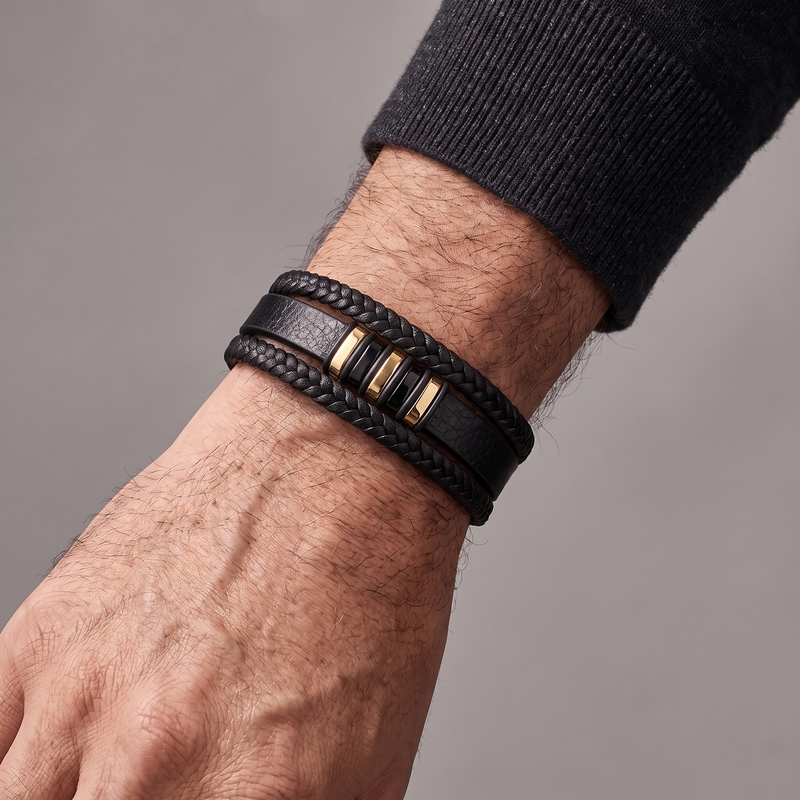 Bracelet homme cuir luxe or et noir porté au poignet, cuir véritable multirang