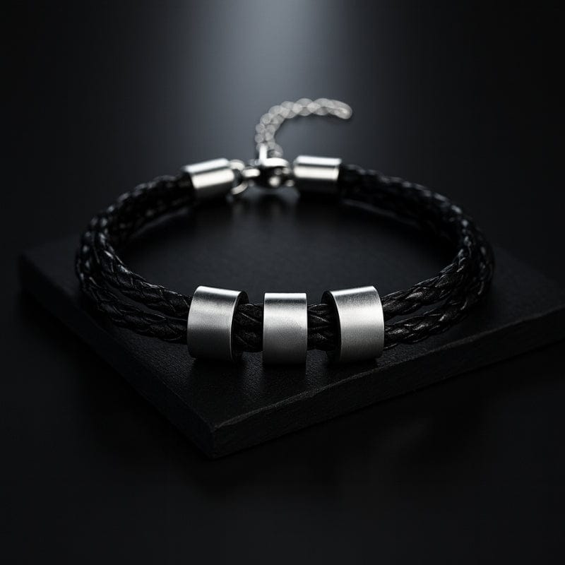 Bracelet homme cuir tressé personnalisé 3 plaques acier gravure laser fermoir ajustable LBDH