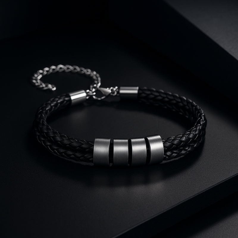 Bracelet homme cuir tressé noir 4 plaques gravées personnalisé acier brossé cadeau unique LBDH