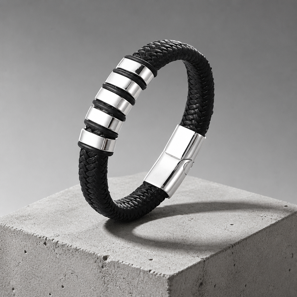 Bracelet homme cuir tressé argenté à quatre manchons d'acier brossé