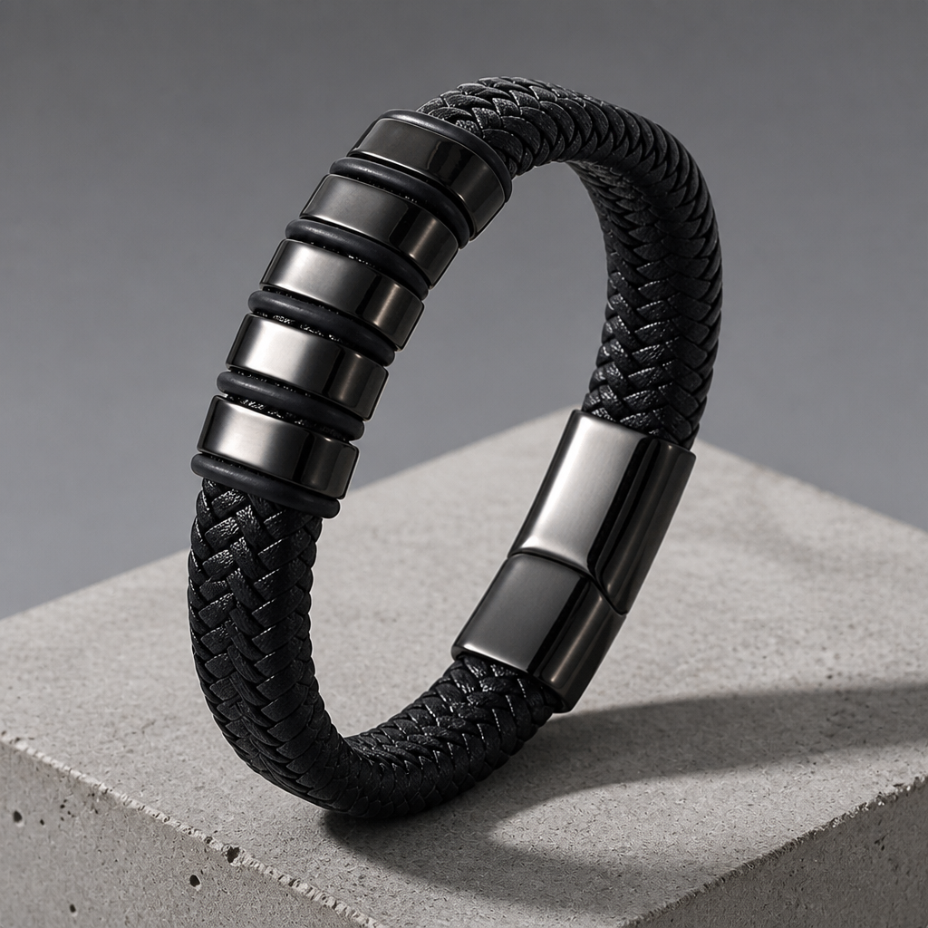 Bracelet homme cuir tressé noir gunmetal à quatre manchons d'acier