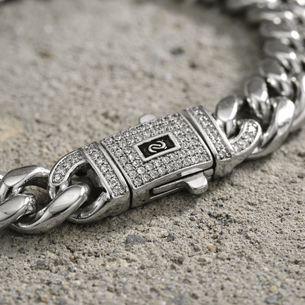 Bracelet homme gourmette argent fermoir pavé acier inoxydable