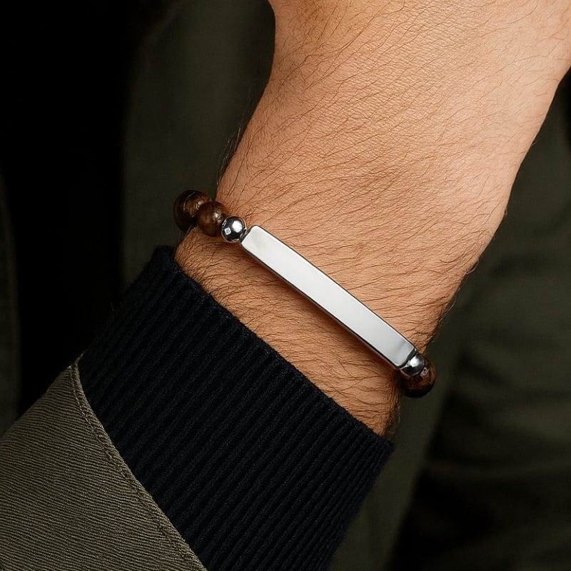 Bracelet homme œil de tigre personnalisé plaque gravable acier inoxydable