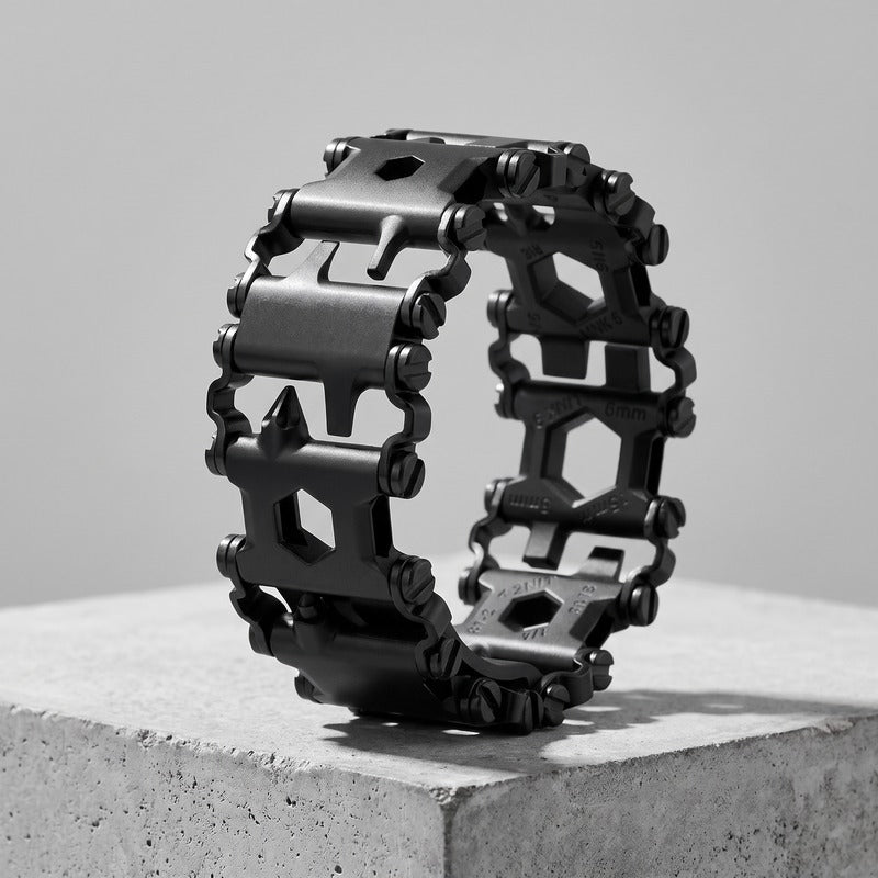 Bracelet homme outil en noir mat posé sur un bloc de béton