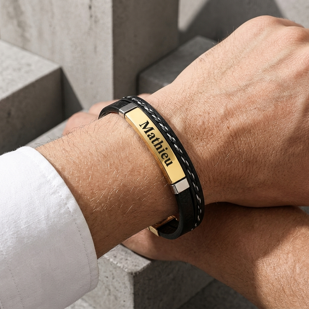 Bracelet cuir homme personnalisé porté au poignet, plaque dorée gravée d'un prénom