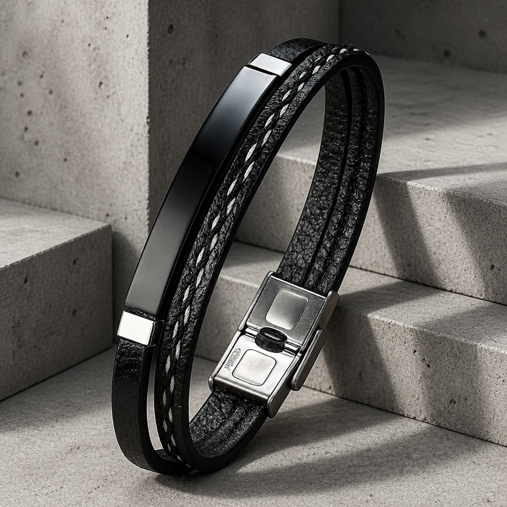 Bracelet cuir homme personnalisé en similicuir noir, plaque acier noire à graver