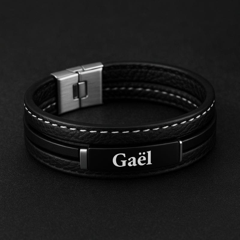 Bracelet large homme personnalisé, plaque en acier noir gravée d'un prénom